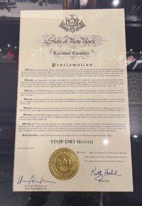 proclamation from the NYS Governor for STOP-DWI month
